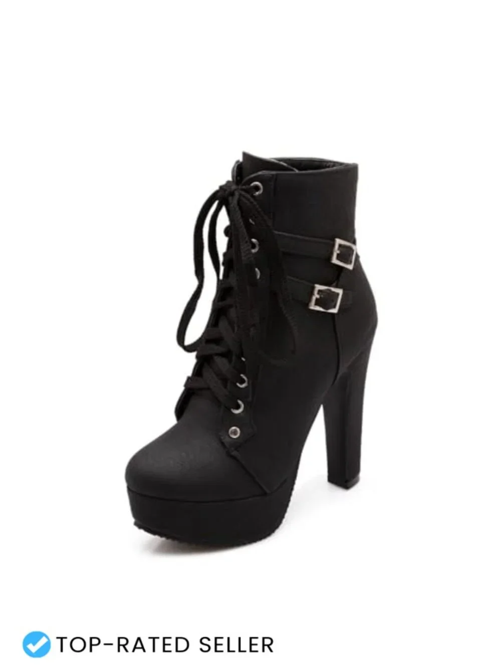 Faux Leather Lace-Up Double Buckle Chunky Heel Ankle Boots Women's Platform
